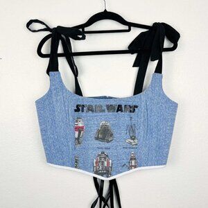 Hand Crafted Blue Star Wars Droid Print Corset Top with Black Tie Straps